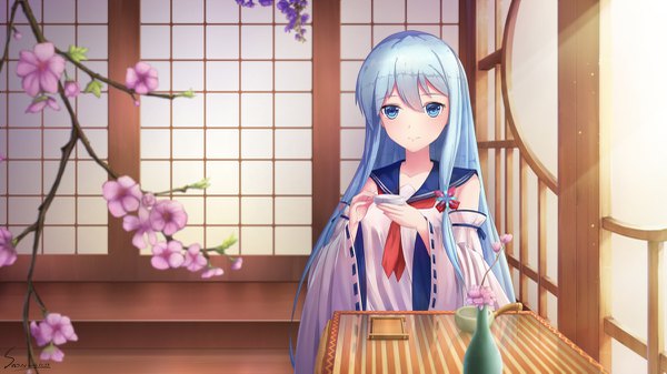 Anime picture 1200x675 with warship girls r shirayuki (warship girls r) snow (676528662) single long hair looking at viewer fringe hair between eyes wide image signed traditional clothes japanese clothes aqua eyes blurry aqua hair wide sleeves cherry blossoms girl uniform flower (flowers)