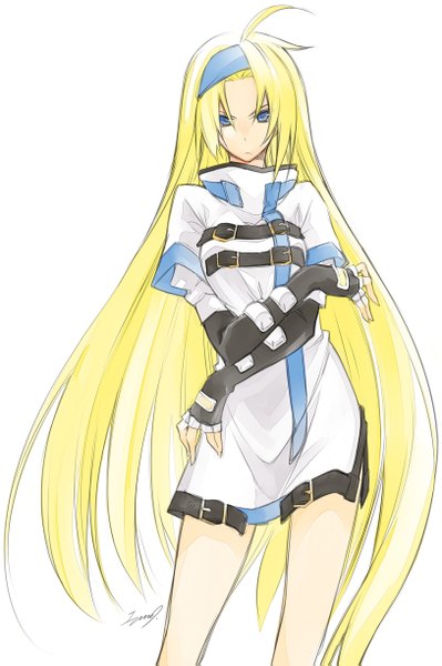 Anime picture 814x1223 with guilty gear millia rage 10mo single long hair tall image looking at viewer blue eyes blonde hair simple background standing white background very long hair crossed arms girl dress gloves hairband fingerless gloves