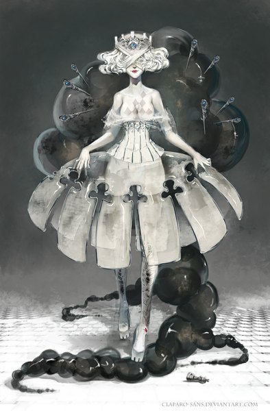 Anime picture 673x1024 with original claparo-sans single tall image short hair breasts standing bare shoulders signed white hair light smile grey background magic wavy hair pale skin walking rhombus bandage over eyes girl dress