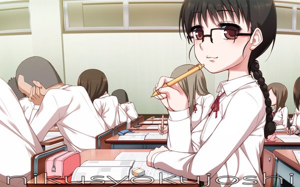 Anime picture 1920x1200 with original masamaru7 long hair highres black hair wide image brown eyes girl uniform school uniform shirt glasses desk pen