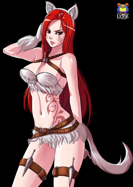 Anime picture 1318x1842 with league of legends katarina (league of legends) kyoffie12 single long hair tall image breasts light erotic simple background red eyes animal ears red hair tail animal tail cat ears bare belly cat girl cat tail tattoo facial mark
