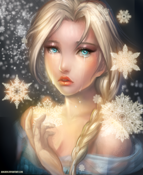 Anime picture 1640x2000 with frozen (disney) disney elsa (frozen) sangrde single long hair tall image blue eyes blonde hair bare shoulders crying girl dress snowflake (snowflakes) teardrop