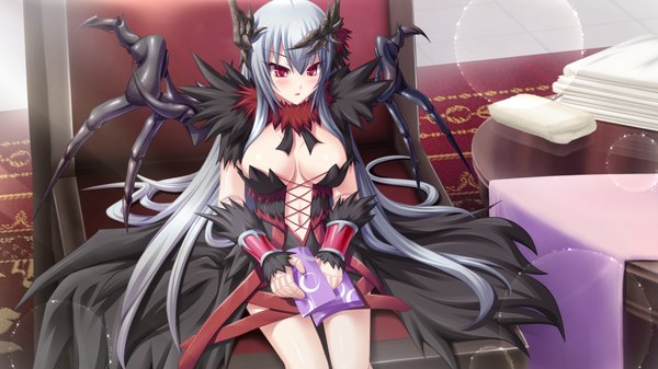 Anime picture 1280x720 with madou koukaku eushully single long hair blush breasts light erotic red eyes wide image sitting game cg silver hair horn (horns) girl dress wings