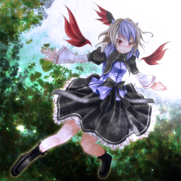 Anime picture 1500x1500 with touhou tokiko (touhou) s-syogo single blush short hair red eyes multicolored hair streaked hair tears spread arms girl dress
