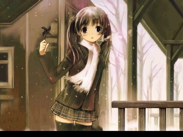 Anime picture 1024x768 with white album mizuki mana kawata hisashi alexxan single long hair looking at viewer blush open mouth twintails signed outdoors pleated skirt hair flower wallpaper zettai ryouiki plaid skirt snowing winter snow