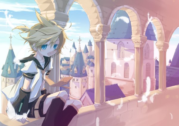 Anime picture 1200x844 with vocaloid kagamine len hekicha single fringe short hair open mouth blue eyes sitting sky ponytail wind arm support boy necktie window building (buildings) feather (feathers) cross castle