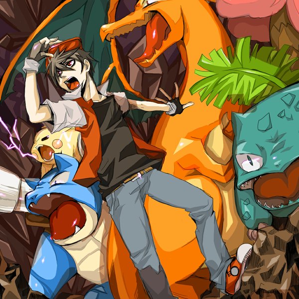 Anime picture 1024x1024 with pokemon nintendo pikachu red (pokemon) charizard venusaur blastoise yama (rabbit room) short hair open mouth black hair red eyes electricity gen 1 pokemon boy animal fingerless gloves flat cap dragon