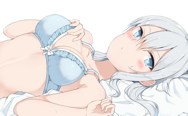 Anime picture 1274x787 with kantai collection kashima training cruiser cole single long hair blush fringe blue eyes light erotic simple background wide image white background silver hair lying hand on chest frilled bra girl lingerie bra bow bra