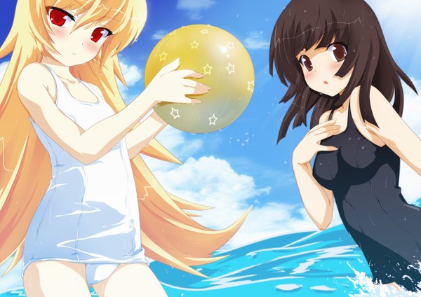 Anime picture 1300x920 with bakemonogatari shaft (studio) monogatari (series) oshino shinobu sengoku nadeko tagme (artist) long hair light erotic black hair blonde hair red eyes multiple girls brown eyes wet girl 2 girls swimsuit water one-piece swimsuit ball