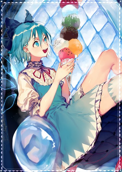 Anime picture 700x988 with touhou cirno tian (my dear) single tall image blush short hair open mouth blue eyes hair between eyes sitting holding bent knee (knees) nail polish aqua hair puffy sleeves happy looking up rhombus aqua nail polish