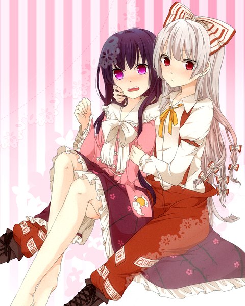 Anime picture 1200x1500 with touhou fujiwara no mokou houraisan kaguya tsuno no hito long hair tall image blush open mouth black hair red eyes sitting purple eyes multiple girls white hair shoujo ai girl dress bow 2 girls hair bow