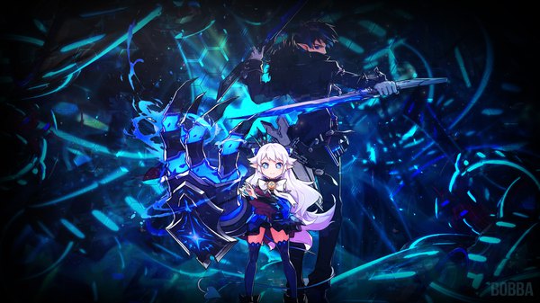 Anime picture 1920x1080 with elsword luciela r. sourcream (elsword) ciel (elsword) hwansang bobba long hair looking at viewer highres short hair blue eyes smile wide image standing holding signed blue hair silver hair looking back pointy ears wallpaper