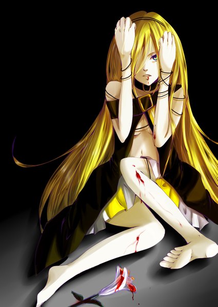 Anime picture 1075x1518 with vocaloid lily (vocaloid) hamu0207 single long hair tall image fringe breasts light erotic blonde hair barefoot hair over one eye open clothes bare legs multicolored eyes girl navel flower (flowers) belt blood