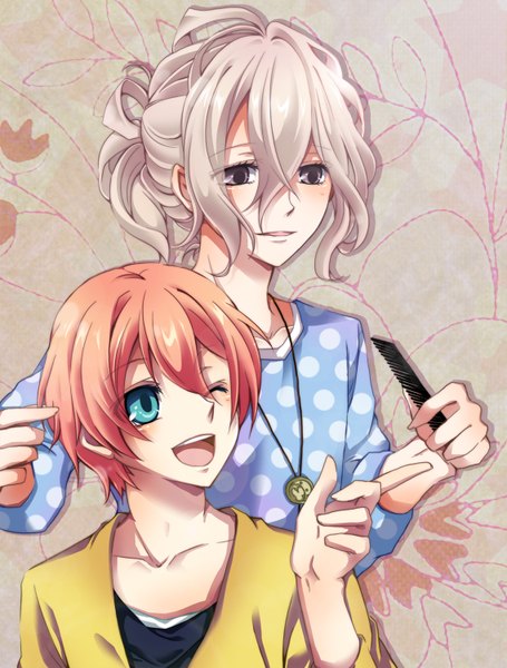 Anime picture 1137x1500 with uta no prince-sama brothers conflict a-1 pictures idea factory tsukimiya ringo asahina louis iroha (hime0x0) tall image blush short hair open mouth blue eyes looking away pink hair one eye closed grey hair wink multiple boys grey eyes crossover