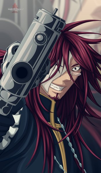 Anime picture 761x1300 with d.gray-man cross marian ioshik single long hair tall image smile red hair black eyes grin coloring boy weapon glasses mask beard