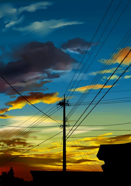 Anime picture 1240x1753 with original korohamu tall image sky cloud (clouds) no people landscape power lines