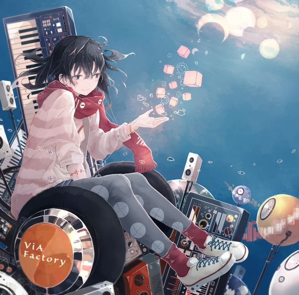 Anime picture 1513x1494 with original yushika single long hair black hair sitting looking away sky cloud (clouds) black eyes girl shoes scarf sweater musical instrument sneakers speakers cube keyboard (instrument) synthesizer