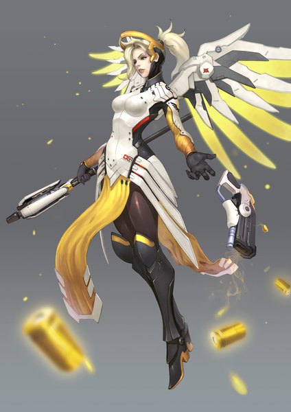 Anime picture 1448x2048 with overwatch blizzard entertainment mercy (overwatch) yoon lee single long hair tall image breasts blue eyes blonde hair full body ponytail parted lips lips grey background looking down weightlessness mechanical wings girl gloves