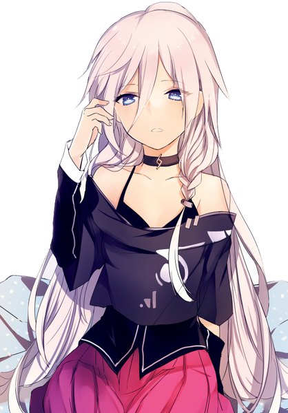 Anime picture 600x860 with vocaloid ia (vocaloid) lpip single long hair tall image looking at viewer fringe open mouth blue eyes simple background hair between eyes white background bare shoulders pink hair adjusting hair girl skirt miniskirt choker