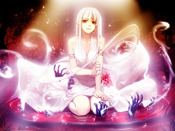 Anime picture 1024x768 with sound horizon lafrenze hidari (left side) single long hair open mouth red eyes bare shoulders white hair girl dress flower (flowers) plant (plants) tree (trees) hands