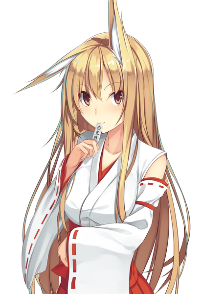 Anime picture 851x1248 with original karakura0 single long hair tall image blush fringe blonde hair simple background white background animal ears traditional clothes japanese clothes orange eyes fox ears miko girl detached sleeves