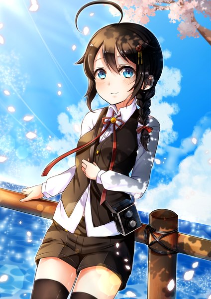 Anime picture 867x1227 with kantai collection shigure destroyer mashiro aa single long hair tall image looking at viewer blush blue eyes smile brown hair remodel (kantai collection) girl thighhighs black thighhighs petals shorts