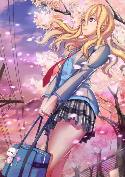 Anime picture 2480x3507 with shigatsu wa kimi no uso a-1 pictures miyazono kaori kenbuo single long hair tall image fringe highres blonde hair standing purple eyes sky cloud (clouds) outdoors long sleeves light smile wind bare legs from below