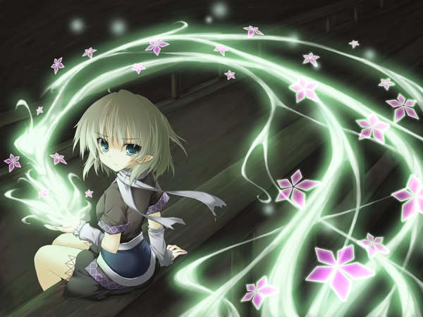 Anime picture 1600x1200 with touhou mizuhashi parsee miyupon short hair blue eyes blonde hair sitting looking back pointy ears magic girl flower (flowers)