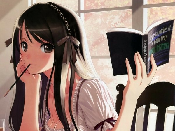 Anime picture 1600x1200 with fault!! saeki ai tony taka single long hair looking at viewer blush black hair cleavage black eyes eating girl window hairband sweets book (books) chair room pocky