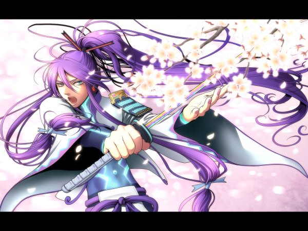 Anime picture 1200x900 with vocaloid kamui gakupo kayu single long hair open mouth blue eyes purple hair ponytail cherry blossoms boy petals sword headphones katana
