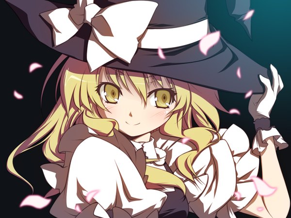 Anime picture 1400x1050 with touhou kirisame marisa yumeno mikan single long hair blush blonde hair smile yellow eyes girl gloves bow witch hat hat ribbon