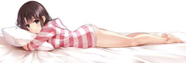 Anime picture 5500x1870 with saenai heroine no sodatekata a-1 pictures katou megumi misaki kurehito single looking at viewer blush highres short hair blue eyes light erotic black hair simple background wide image white background barefoot official art pillow hug girl pillow