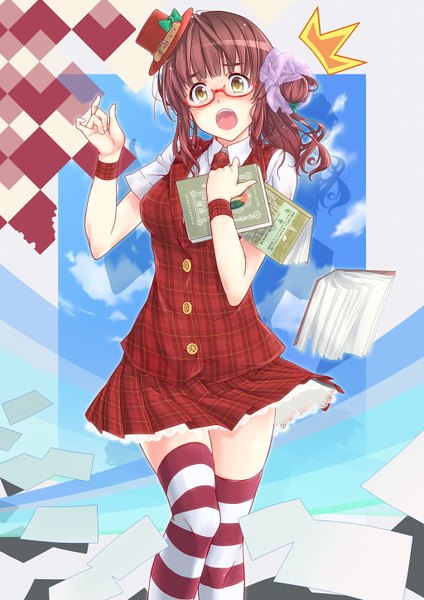 Anime picture 1024x1448 with original kanata (pixiv1305983) single long hair tall image open mouth brown hair yellow eyes girl thighhighs hat glasses book (books) striped thighhighs