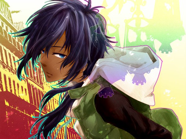 Anime picture 1000x750 with code: breaker kinema citrus yukihina (breaker) single long hair looking at viewer blue eyes blue hair purple hair dark skin silhouette boy hood building (buildings) vest lantern