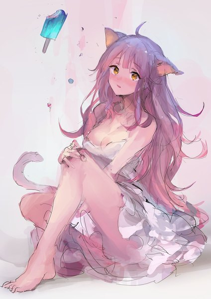 Anime picture 900x1273 with lm7 (op-center) single long hair tall image looking at viewer blush fringe open mouth light erotic sitting bare shoulders animal ears yellow eyes pink hair bent knee (knees) tail animal tail barefoot cat ears bare legs