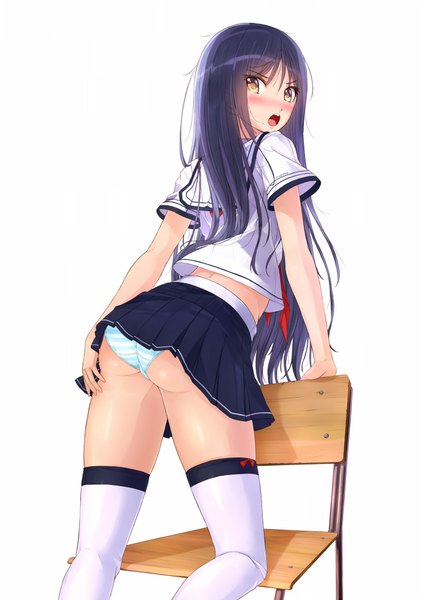 Anime picture 1446x2046 with original kazeno single long hair tall image looking at viewer blush open mouth light erotic black hair brown eyes ass looking back turning head striped girl thighhighs skirt uniform underwear