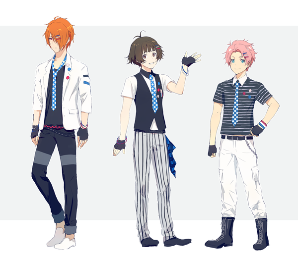 Anime picture 902x781 with idolmaster idolmaster side-m akizuki ryou tsukumo kazuki kabuto daigo map (map imas) looking at viewer fringe short hair blue eyes red eyes brown hair brown eyes pink hair full body ahoge hair over one eye orange hair grey background multiple boys