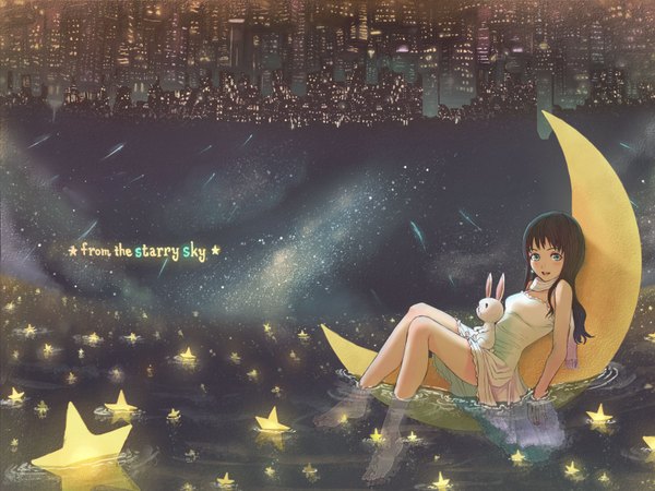 Anime picture 1600x1200 with original honoji highres blue eyes brown hair barefoot shooting star star (symbol) moon star (stars) toy stuffed animal