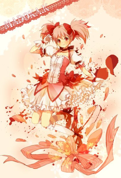 Anime picture 850x1250 with mahou shoujo madoka magica shaft (studio) kaname madoka yy888s single tall image looking at viewer blush short hair smile red eyes twintails pink hair character names short twintails girl dress gloves bow ribbon (ribbons)