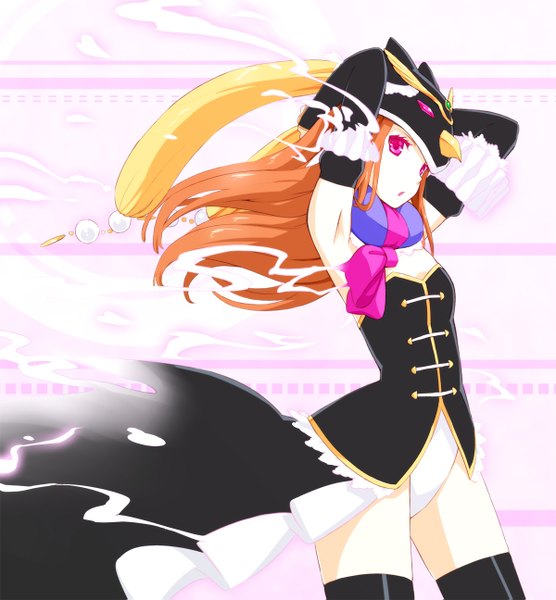 Anime picture 1200x1295 with mawaru penguindrum takakura himari single long hair tall image pink eyes orange hair armpit (armpits) arms behind head girl dress mask