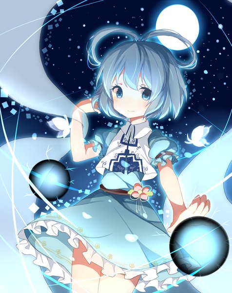 Anime picture 1430x1800 with touhou kaku seiga xiaohuasan single tall image blush short hair blue eyes blue hair light smile abstract girl dress flower (flowers) frills insect butterfly moon