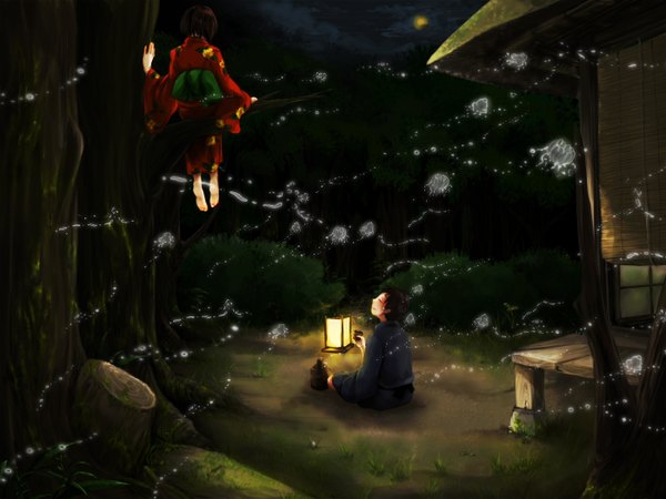 Anime picture 1400x1050 with mushishi nakusa (artist) blush short hair brown hair sitting traditional clothes japanese clothes barefoot from behind night looking up ghost girl boy plant (plants) tree (trees) kimono lantern child (children)