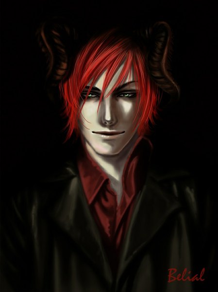 Anime picture 848x1133 with original belial (syrkell) syrkell tall image looking at viewer simple background smile green eyes red hair horn (horns) light smile black background dark background face demon boy shirt