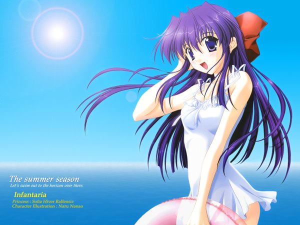 Anime picture 1280x960 with nanao naru single long hair blue eyes purple hair girl ribbon (ribbons) hair ribbon sea negligee