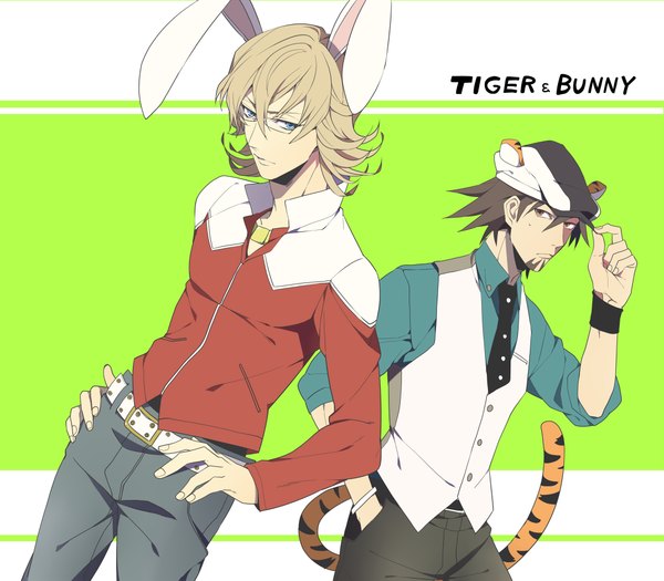 Anime picture 1000x876 with tiger & bunny sunrise (studio) kaburagi t. kotetsu barnaby brooks jr. yuzumame looking at viewer short hair blue eyes blonde hair simple background brown hair brown eyes animal ears tail animal tail multiple boys bunny ears copyright name hand in pocket twisty sleeves