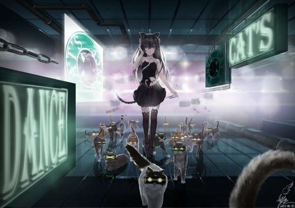 Anime picture 3508x2480 with original lepus single long hair looking at viewer highres black hair bare shoulders animal ears absurdres black eyes glowing reflection girl thighhighs ribbon (ribbons) animal chain cat goggles