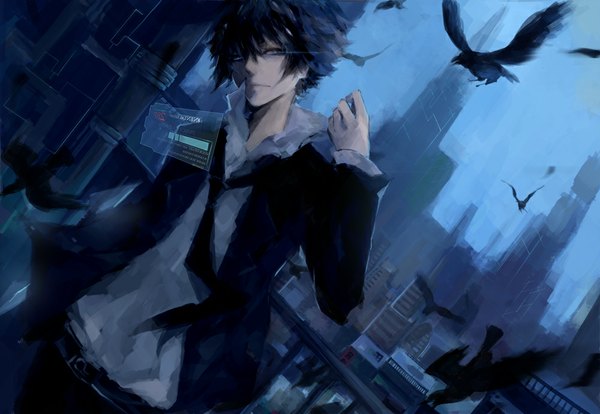 Anime picture 1000x691 with psycho-pass production i.g kougami shin'ya tagme (artist) single looking at viewer short hair blue eyes black hair sky outdoors arm up light smile dutch angle city cityscape open collar boy animal necktie