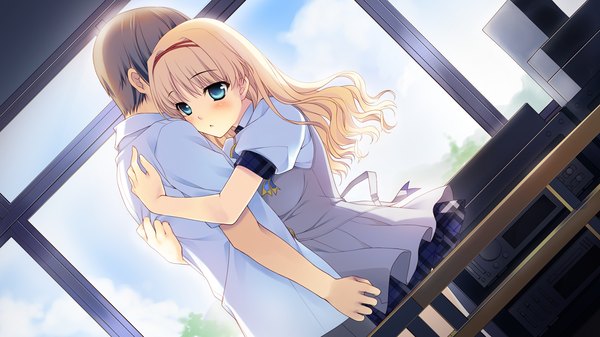 Anime picture 1280x720 with aete mushisuru kimi to no mirai tachibana minami long hair blush blue eyes blonde hair wide image game cg couple hug girl boy uniform school uniform hairband