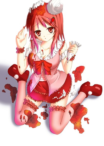 Anime picture 711x1000 with original nazu-na single long hair tall image looking at viewer simple background red eyes white background red hair girl thighhighs dress hair ornament frills