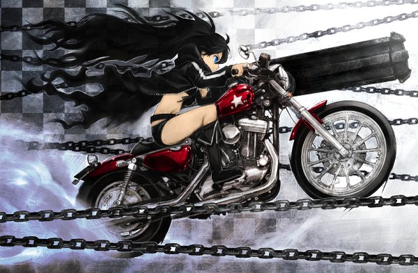 Anime picture 1200x787 with black rock shooter black rock shooter (character) boyaking(sbf) long hair blue eyes black hair sitting profile checkered girl weapon boots chain cloak motorcycle